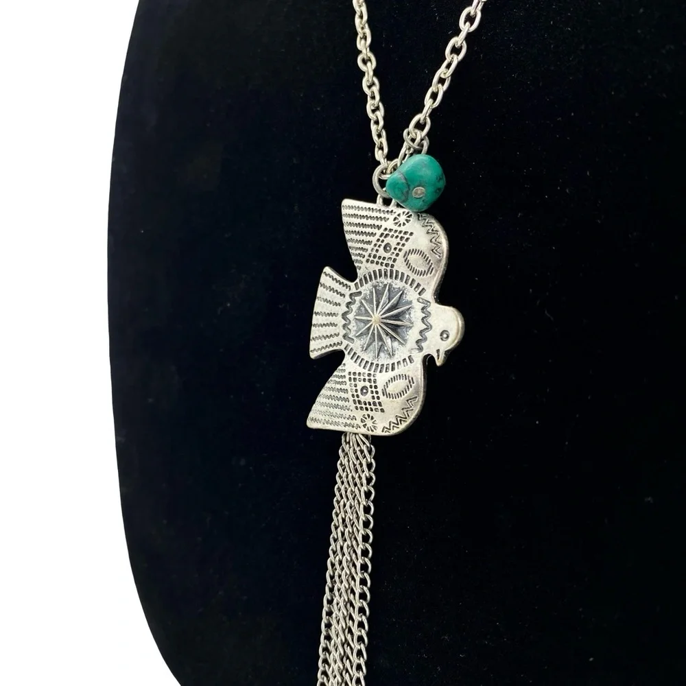 Vintage Thunderbird Phoenix Long Dangle Necklace Silver Tone Metal Turquoise